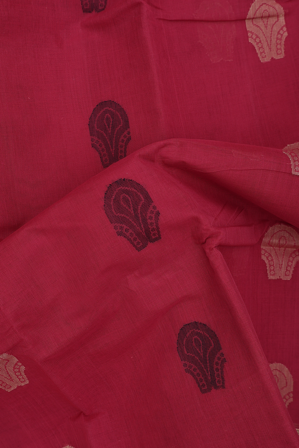 Kanchi Cotton Saree In Hibiscus Red With Threadwork Motifs