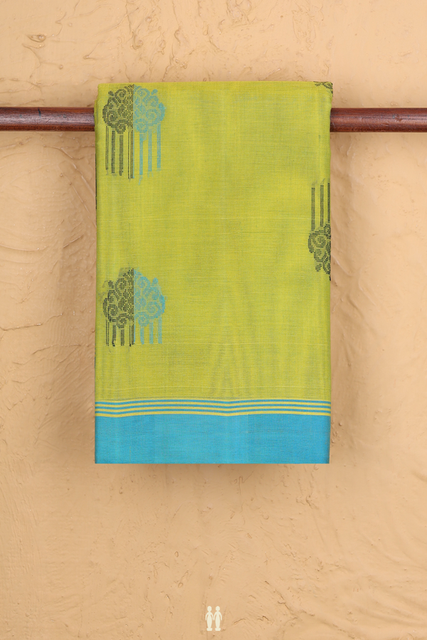 Kanchi Cotton Saree In Lime Green With Threadwork Buttas