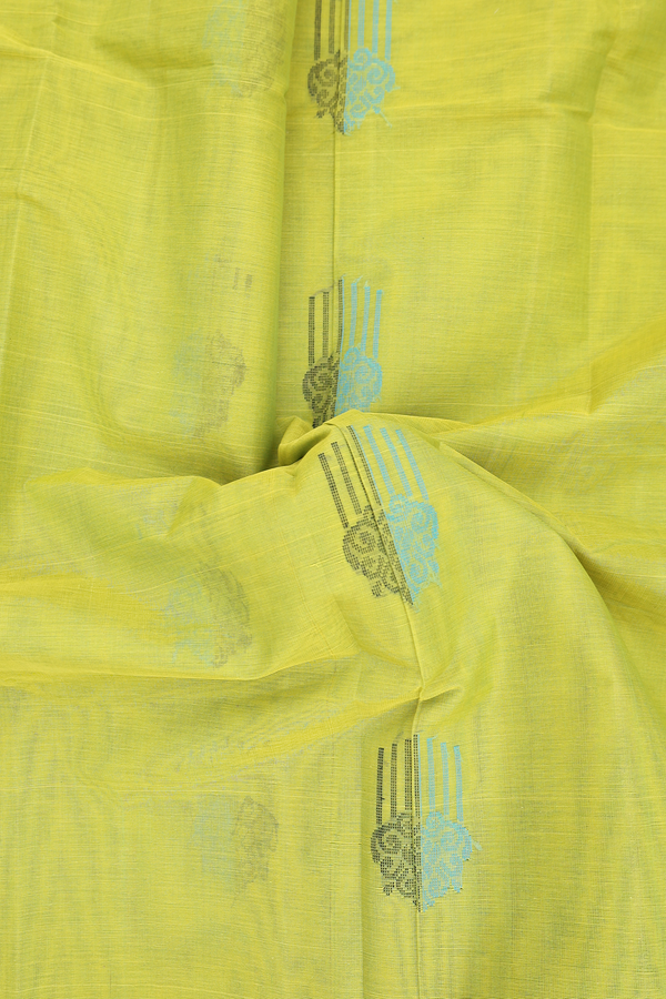 Kanchi Cotton Saree In Lime Green With Threadwork Buttas