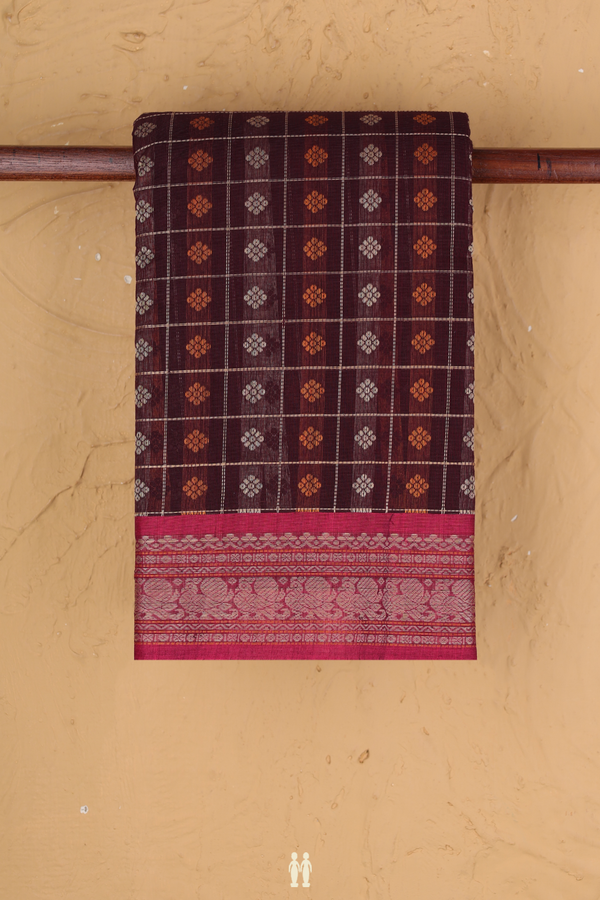 Kanchi Cotton Saree In Maroon With Checks Design