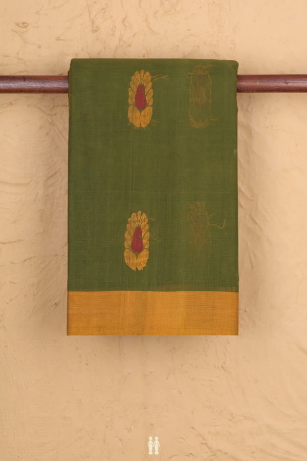 Kanchi Cotton Saree In Mehendi Green With Paisley Buttas