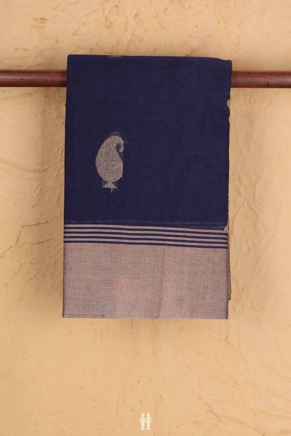 Kanchi Cotton Saree In Navy Blue With Paisley Buttas