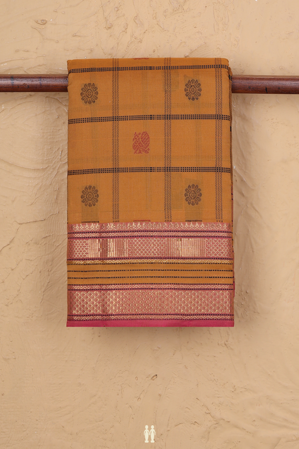 Kanchi Cotton Saree In Ochre Orange With Checks Design