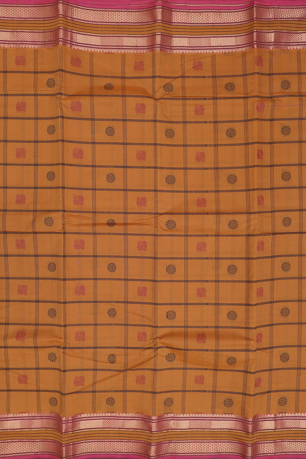 Kanchi Cotton Saree In Ochre Orange With Checks Design