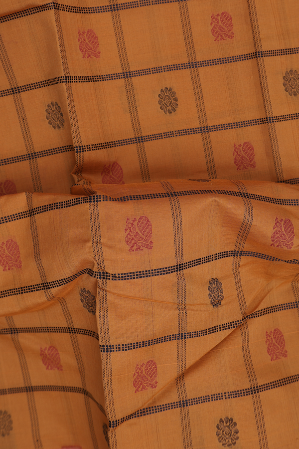 Kanchi Cotton Saree In Ochre Orange With Checks Design