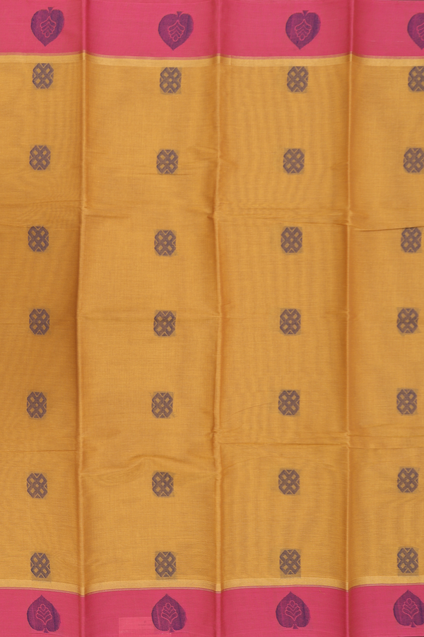 Kanchi Cotton Saree In Ochre Orange With Threadwork Buttas