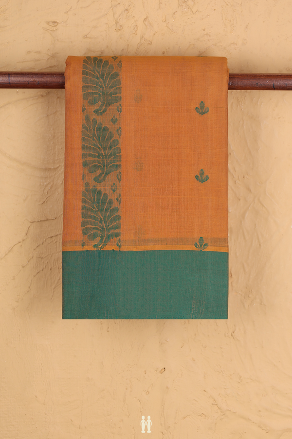 Kanchi Cotton Saree In Ochre Orange With Threadwork Design