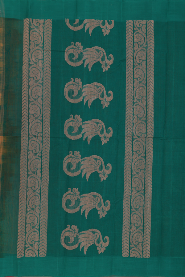 Kanchi Cotton Saree In Ochre Orange With Threadwork Design