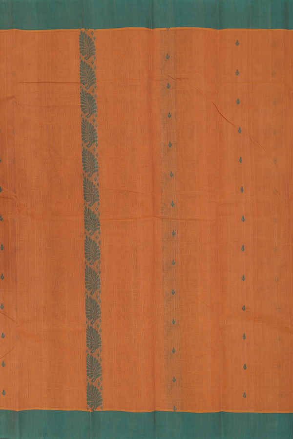 Kanchi Cotton Saree In Ochre Orange With Threadwork Design