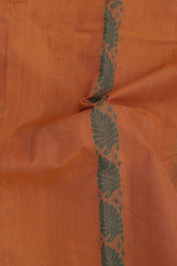 Kanchi Cotton Saree In Ochre Orange With Threadwork Design