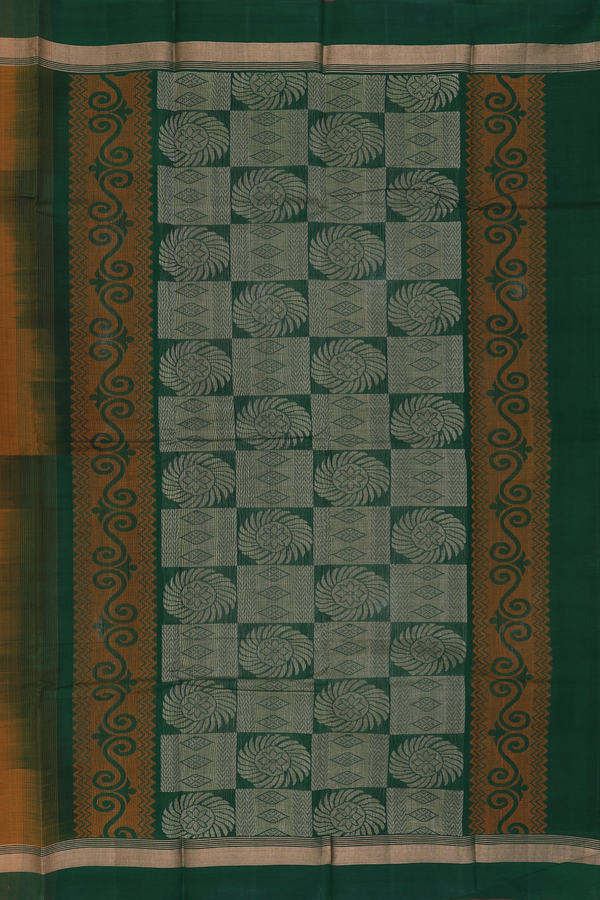 Kanchi Cotton Saree In Ochre Orange With Threadwork Motifs
