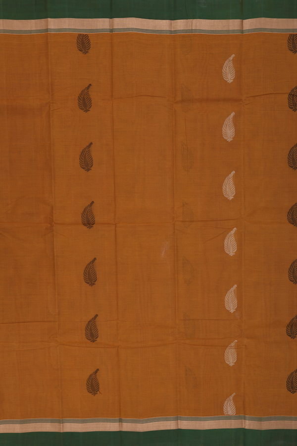 Kanchi Cotton Saree In Ochre Orange With Threadwork Motifs