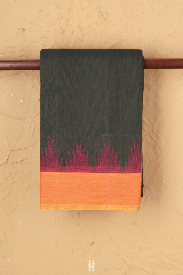 Kanchi Cotton Saree In Olive Green With Temple Border