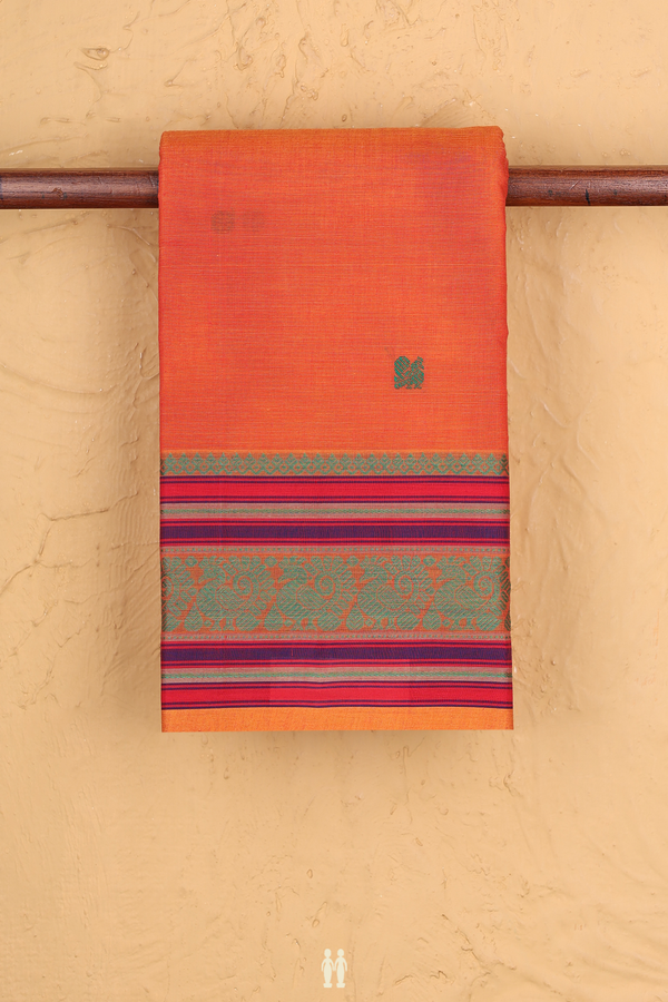 Kanchi Cotton Saree In Orange With Peacock Buttas