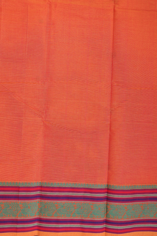 Kanchi Cotton Saree In Orange With Peacock Buttas