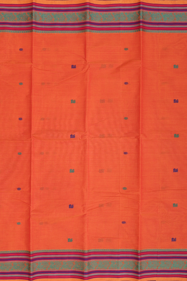 Kanchi Cotton Saree In Orange With Peacock Buttas