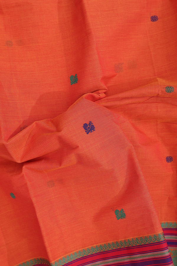 Kanchi Cotton Saree In Orange With Peacock Buttas