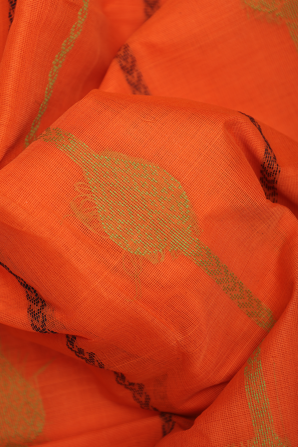 Kanchi Cotton Saree In Orange With Threadwork Design