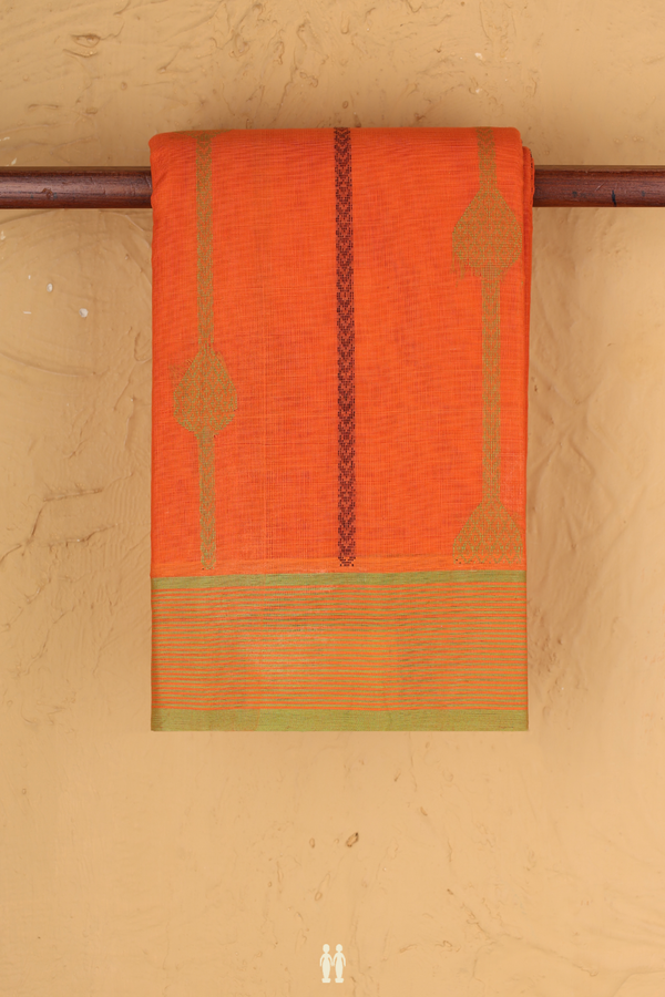 Kanchi Cotton Saree In Orange With Threadwork Design