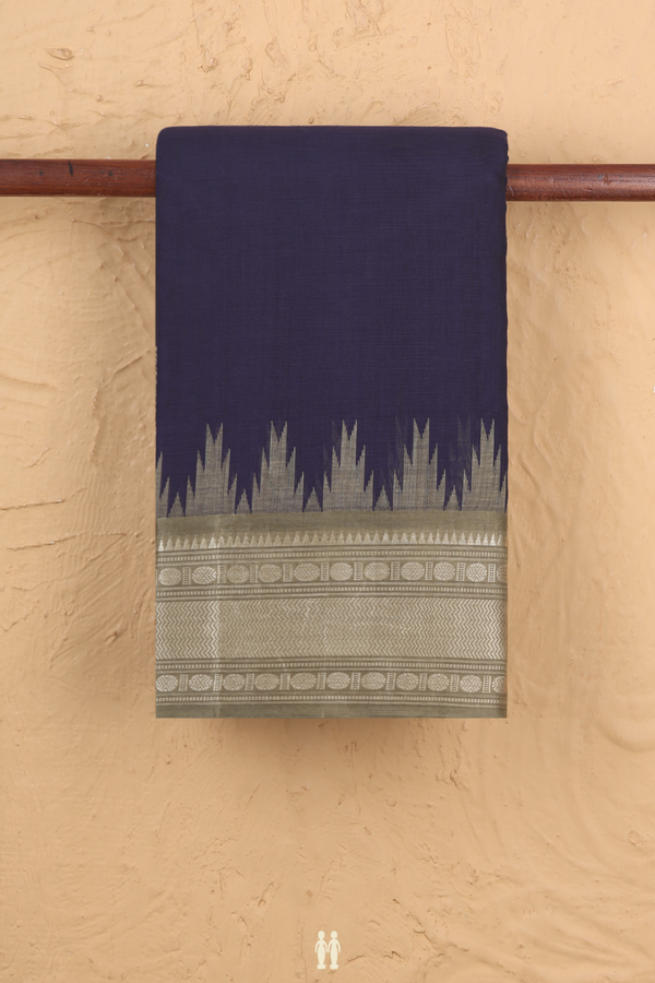 Kanchi Cotton Saree In Oxford Blue With Contrast Silk Border