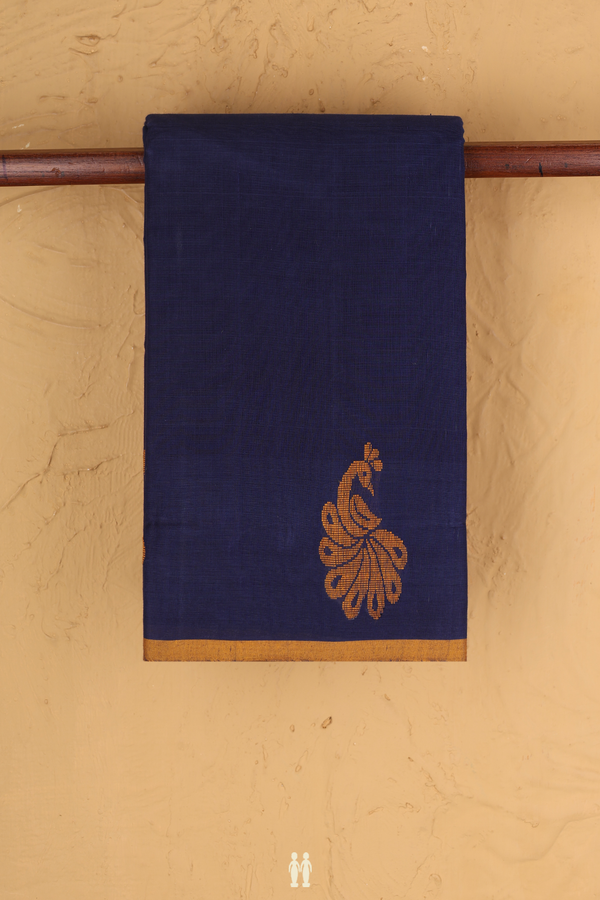 Kanchi Cotton Saree In Oxford Blue With Peacock Border