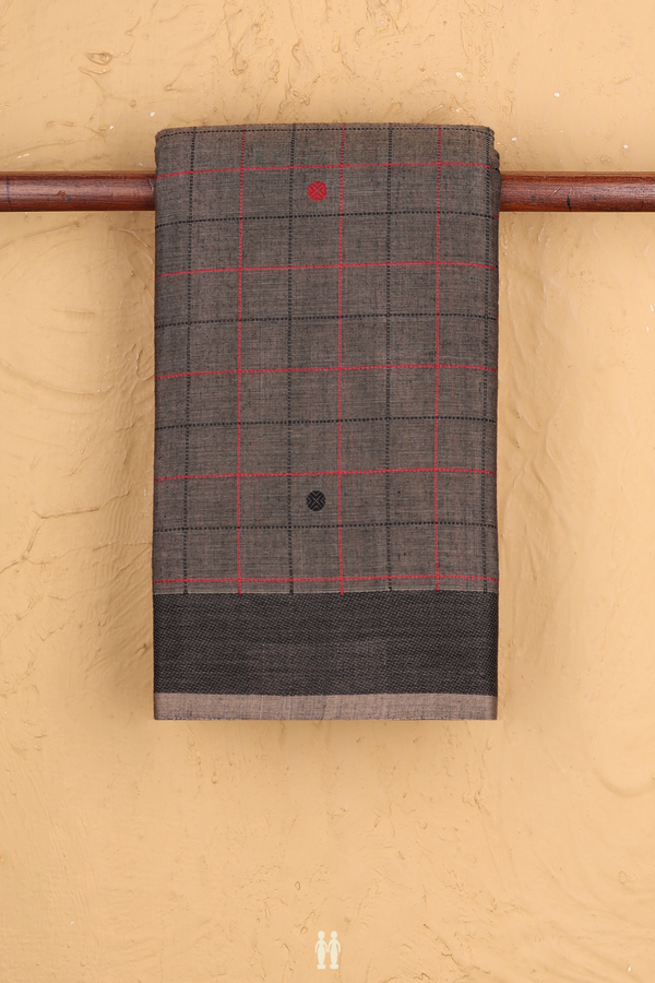 Kanchi Cotton Saree In Oxford Brown With Checks Design