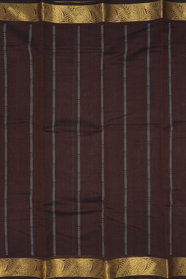 Kanchi Cotton Saree In Oxford Brown With Threadwork Design