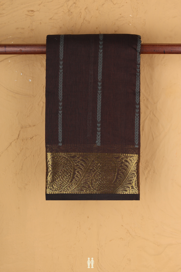 Kanchi Cotton Saree In Oxford Brown With Threadwork Design
