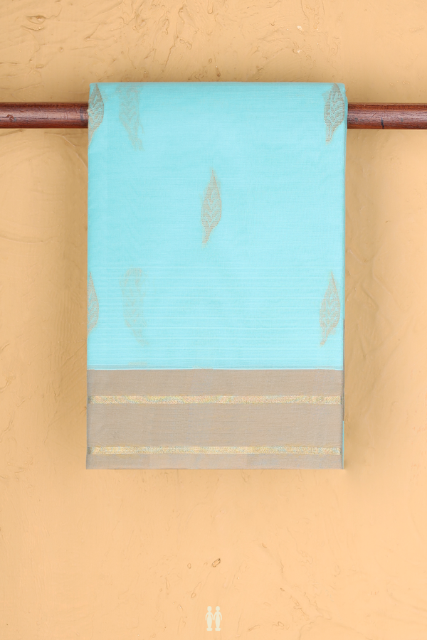 Kanchi Cotton Saree In Pastel Blue With Leaf Buttas