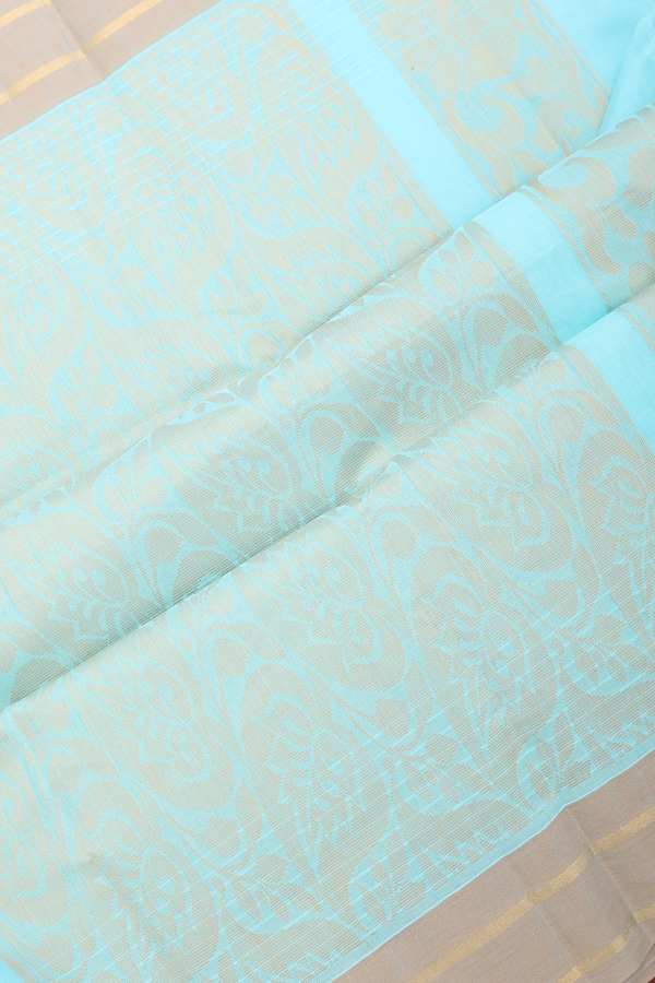 Kanchi Cotton Saree In Pastel Blue With Leaf Buttas