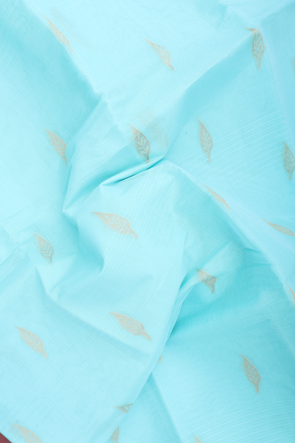Kanchi Cotton Saree In Pastel Blue With Leaf Buttas