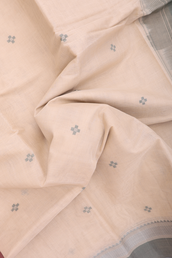 Kanchi Cotton Saree In Pastel Khaki With Threadwork Buttas