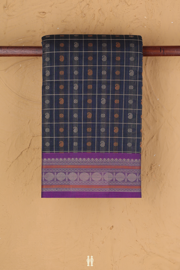 Kanchi Cotton Saree In Pigeon Blue With Checks Design