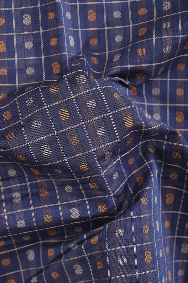 Kanchi Cotton Saree In Pigeon Blue With Checks Design