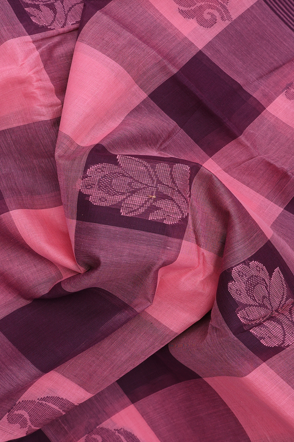 Kanchi Cotton Saree In Pink And Brown With Checks Design