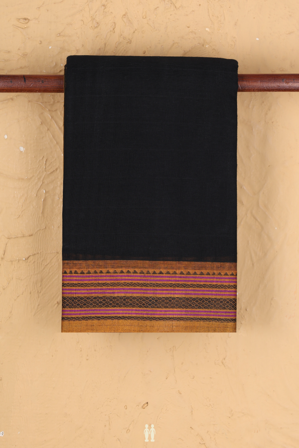 Kanchi Cotton Saree In Plain Black With Threadwork Border