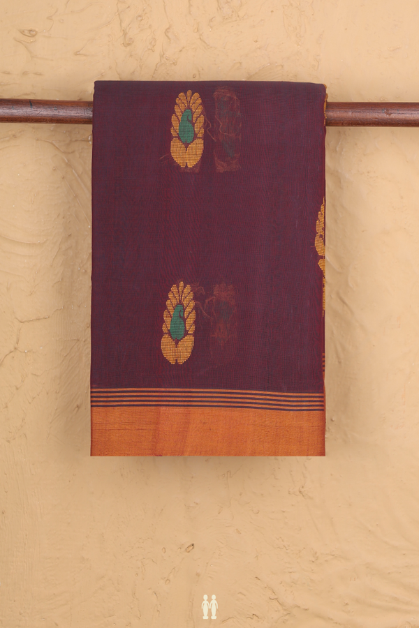 Kanchi Cotton Saree In Plum Brown With Paisley Buttas