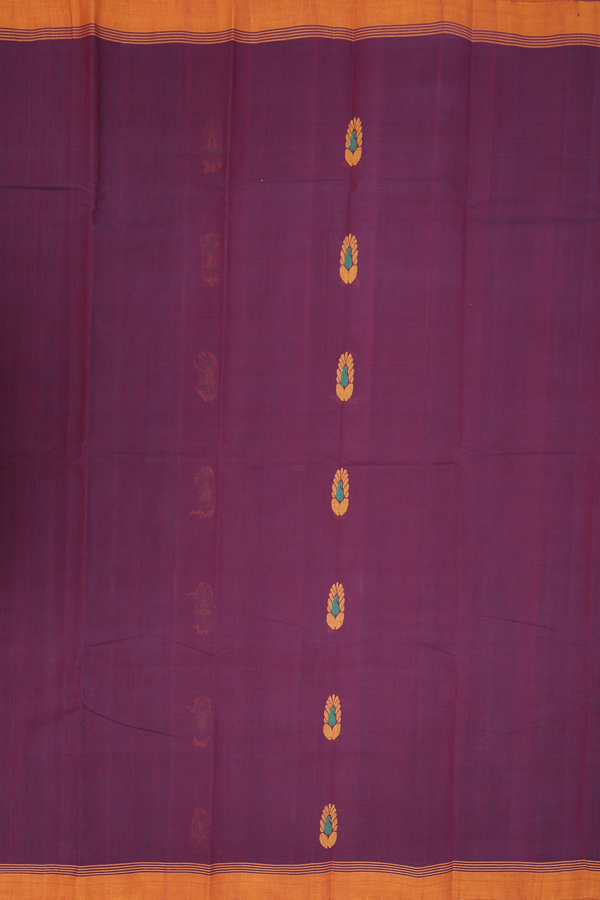 Kanchi Cotton Saree In Plum Brown With Paisley Buttas