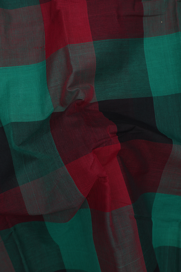 Kanchi Cotton Saree In Red And Green With Checks Design