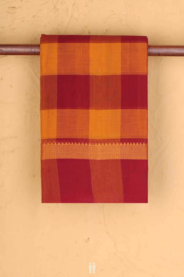 Kanchi Cotton Saree In Red And Orange With Checks Design