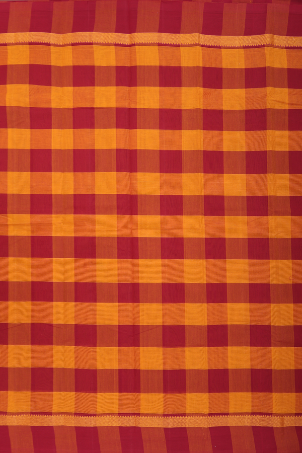 Kanchi Cotton Saree In Red And Orange With Checks Design