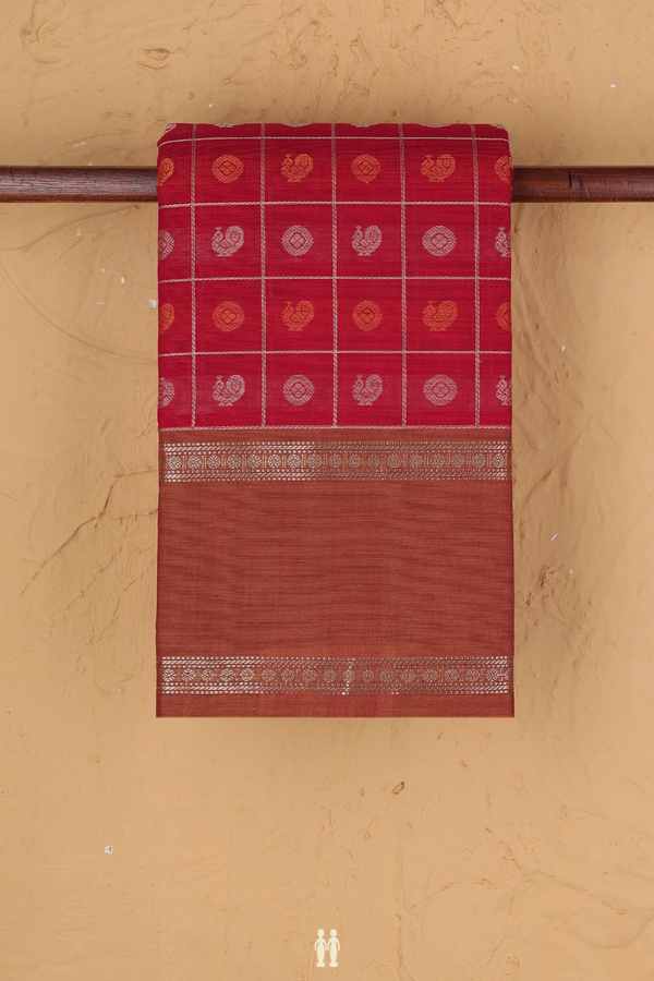 Kanchi Cotton Saree In Red With Checks Design