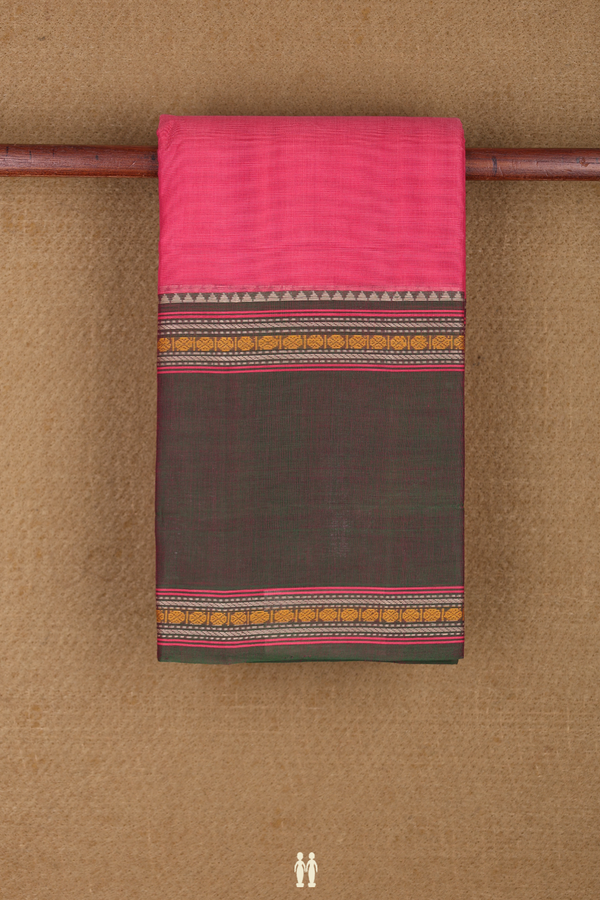 Kanchi Cotton Saree In Plain Rose Pink With Contrast Border