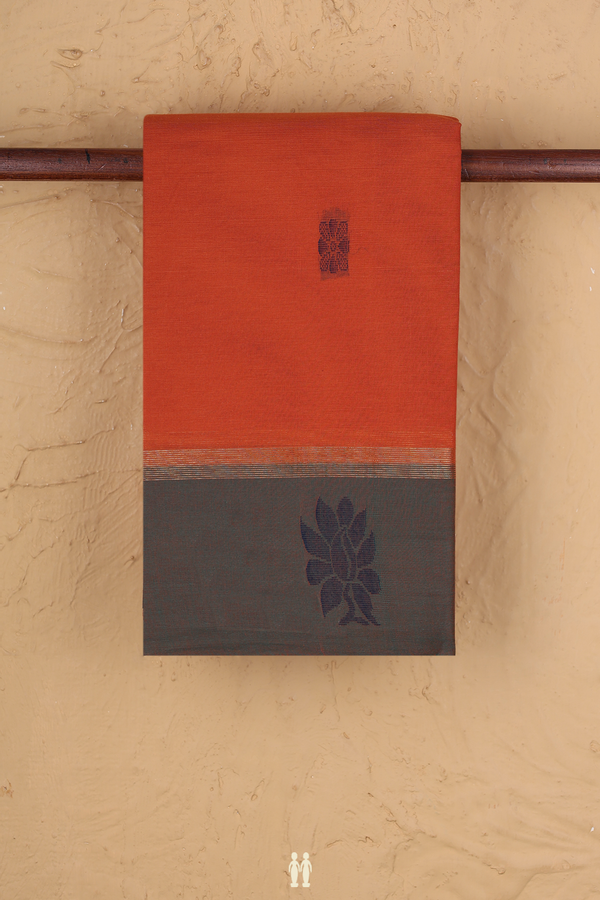 Kanchi Cotton Saree In Rust Orange With Floral Buttas