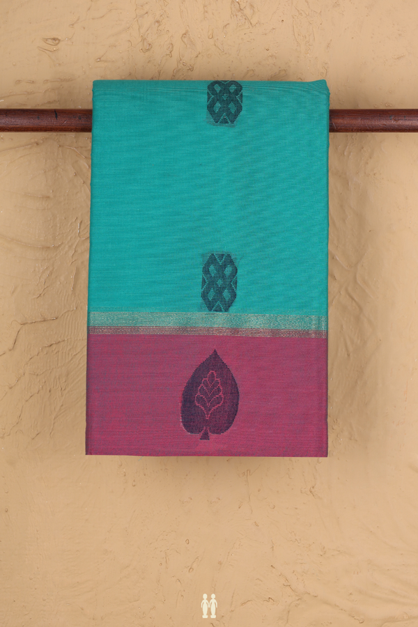 Kanchi Cotton Saree In Sea Green With Threadwork Buttas