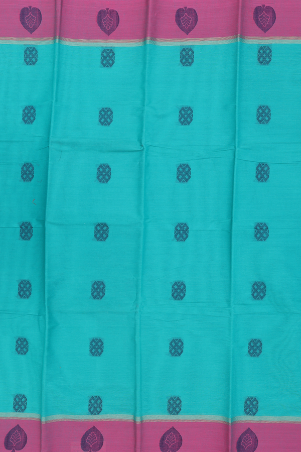Kanchi Cotton Saree In Sea Green With Threadwork Buttas