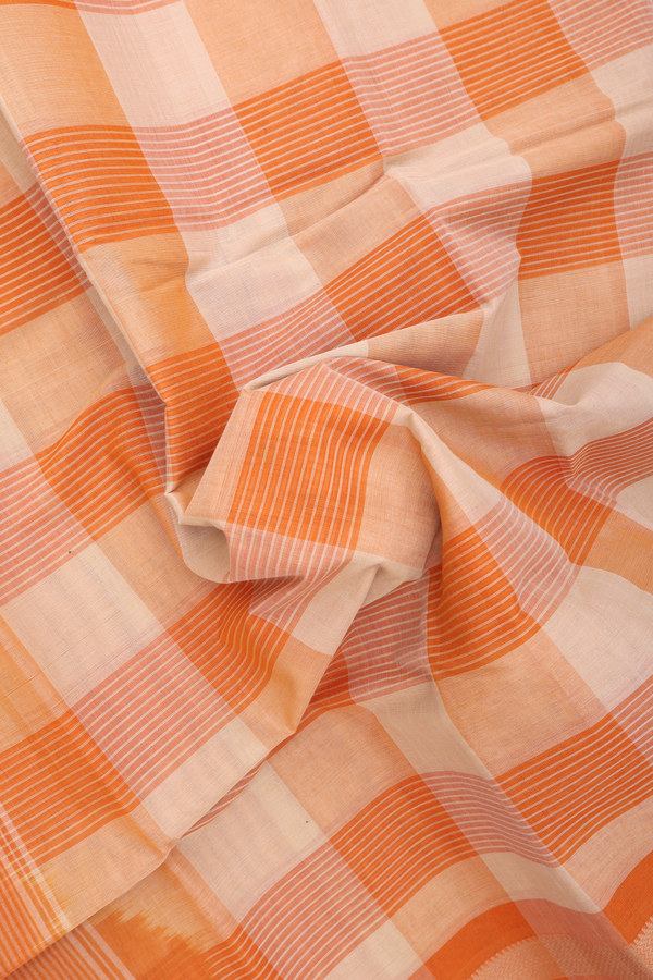 Kanchi Cotton Saree In Tan And Orange With Checks Design