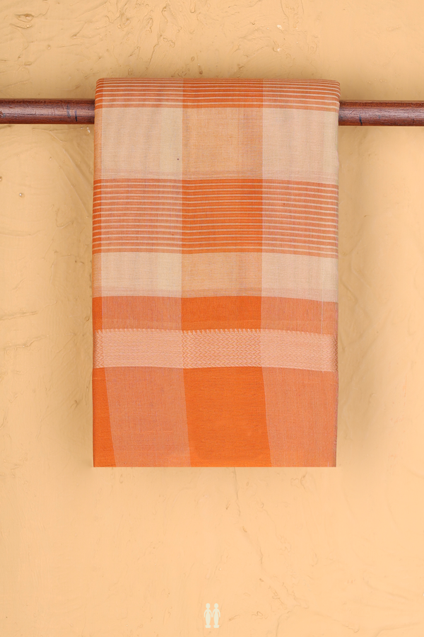 Kanchi Cotton Saree In Tan And Orange With Checks Design