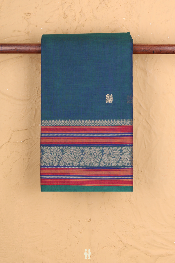 Kanchi Cotton Saree In Teal Blue With Peacock Buttas