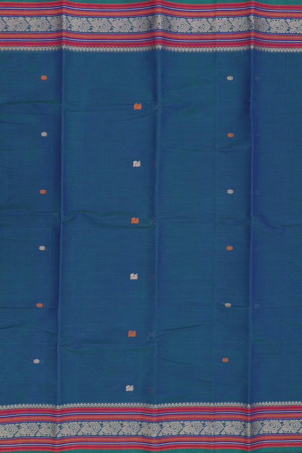 Kanchi Cotton Saree In Teal Blue With Peacock Buttas